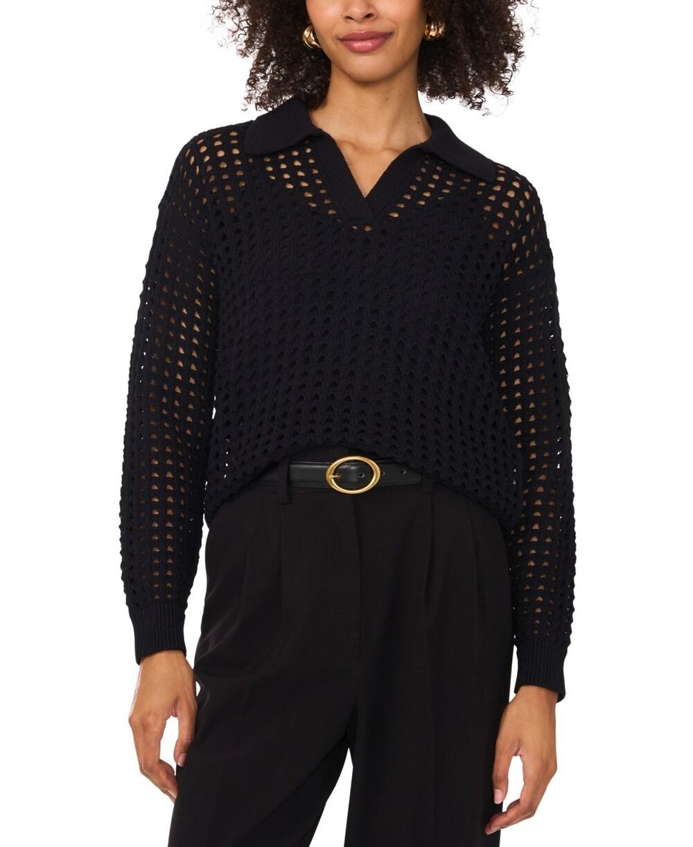 Vince Camuto Women's Mesh Stitch Johnny-Collar Sweater Black Size Xs 0605